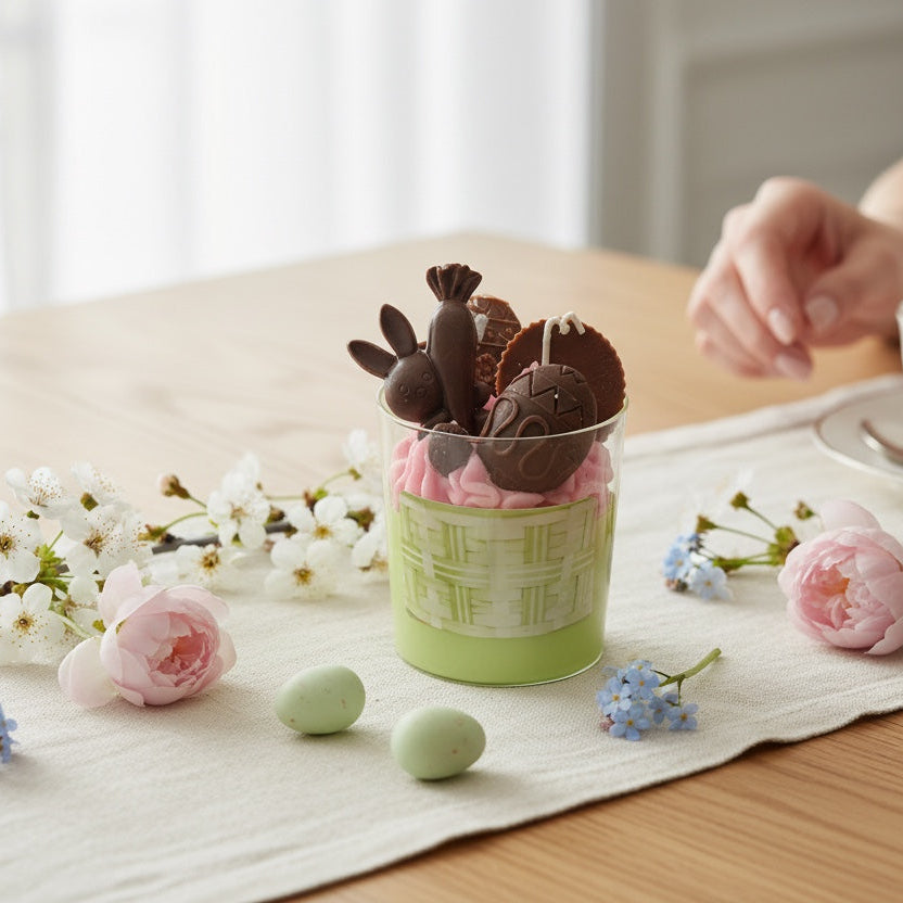 Easter-themed candle with bunny decorations on a table with flowers and a cup of tea.