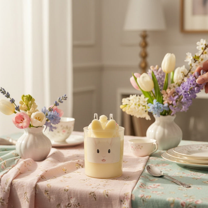 Decorative table setting with flowers, candles, and plates in a home interior.