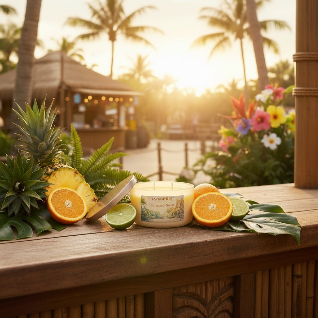 Candle with tropical fruits and plants on a wooden surface with a sunset background