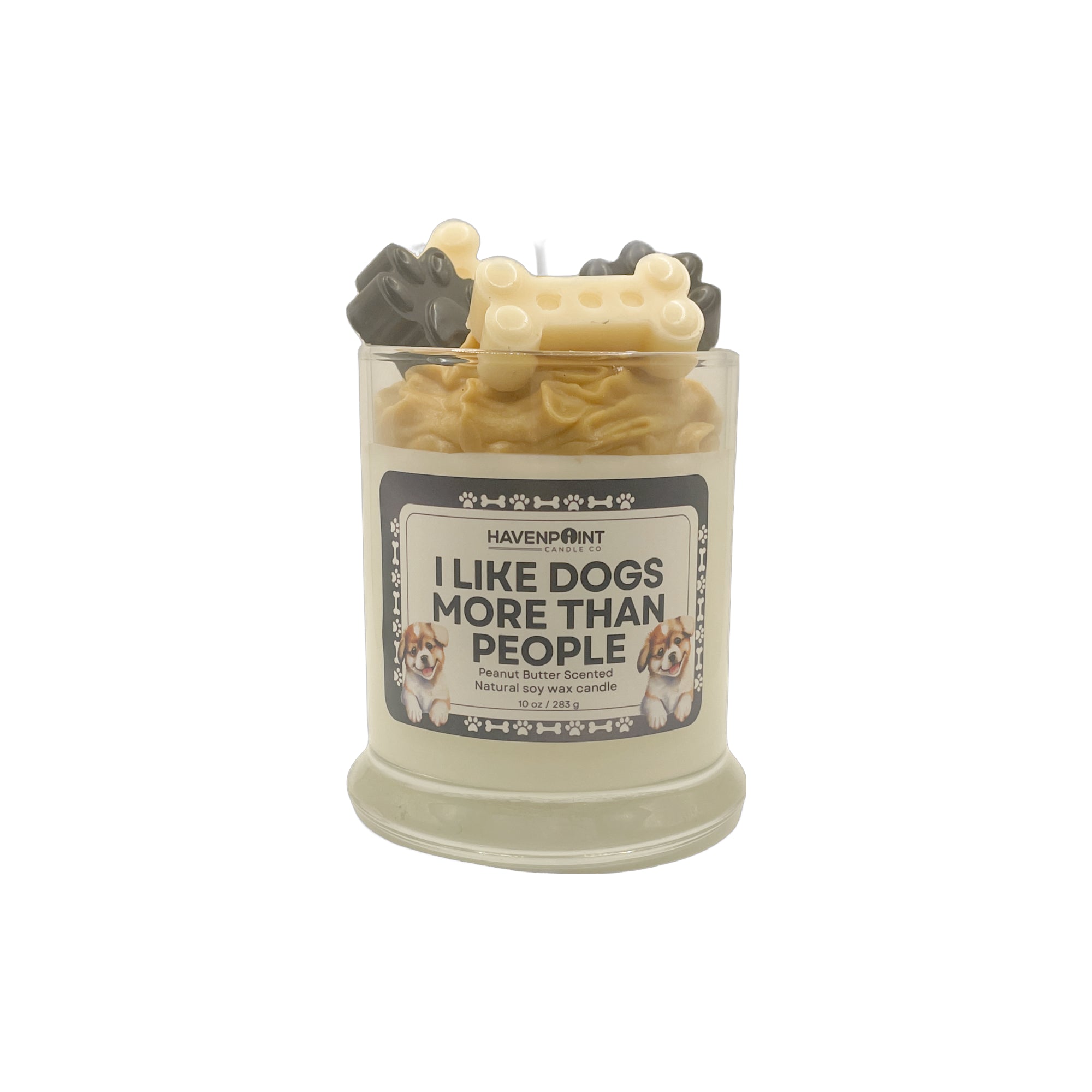 Jar of dog treats with a label reading 'I Like Dogs More Than People' on a white background
